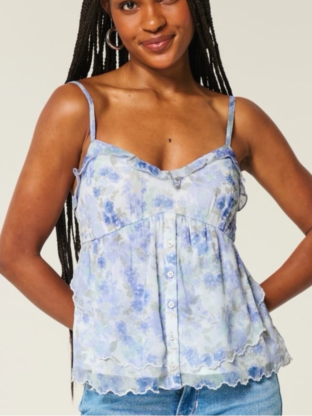 Hollister easy chiffon babydoll blue floral tank top